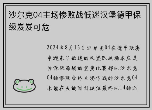 沙尔克04主场惨败战低迷汉堡德甲保级岌岌可危