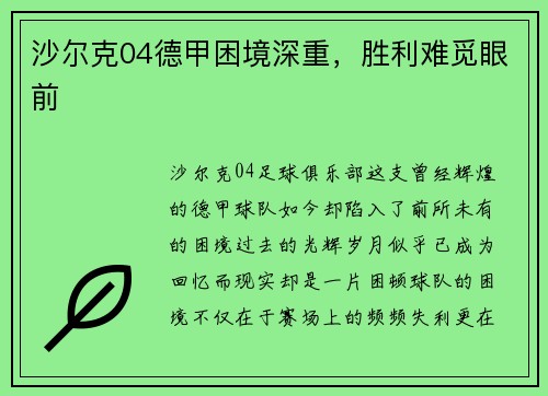 沙尔克04德甲困境深重，胜利难觅眼前