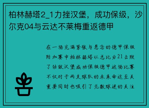 柏林赫塔2_1力挫汉堡，成功保级，沙尔克04与云达不莱梅重返德甲