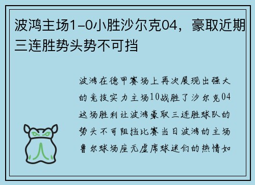 波鸿主场1-0小胜沙尔克04，豪取近期三连胜势头势不可挡