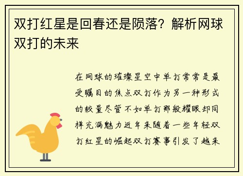 双打红星是回春还是陨落？解析网球双打的未来