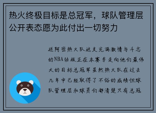 热火终极目标是总冠军，球队管理层公开表态愿为此付出一切努力