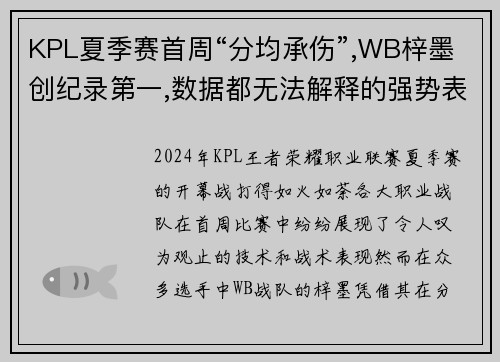 KPL夏季赛首周“分均承伤”,WB梓墨创纪录第一,数据都无法解释的强势表现